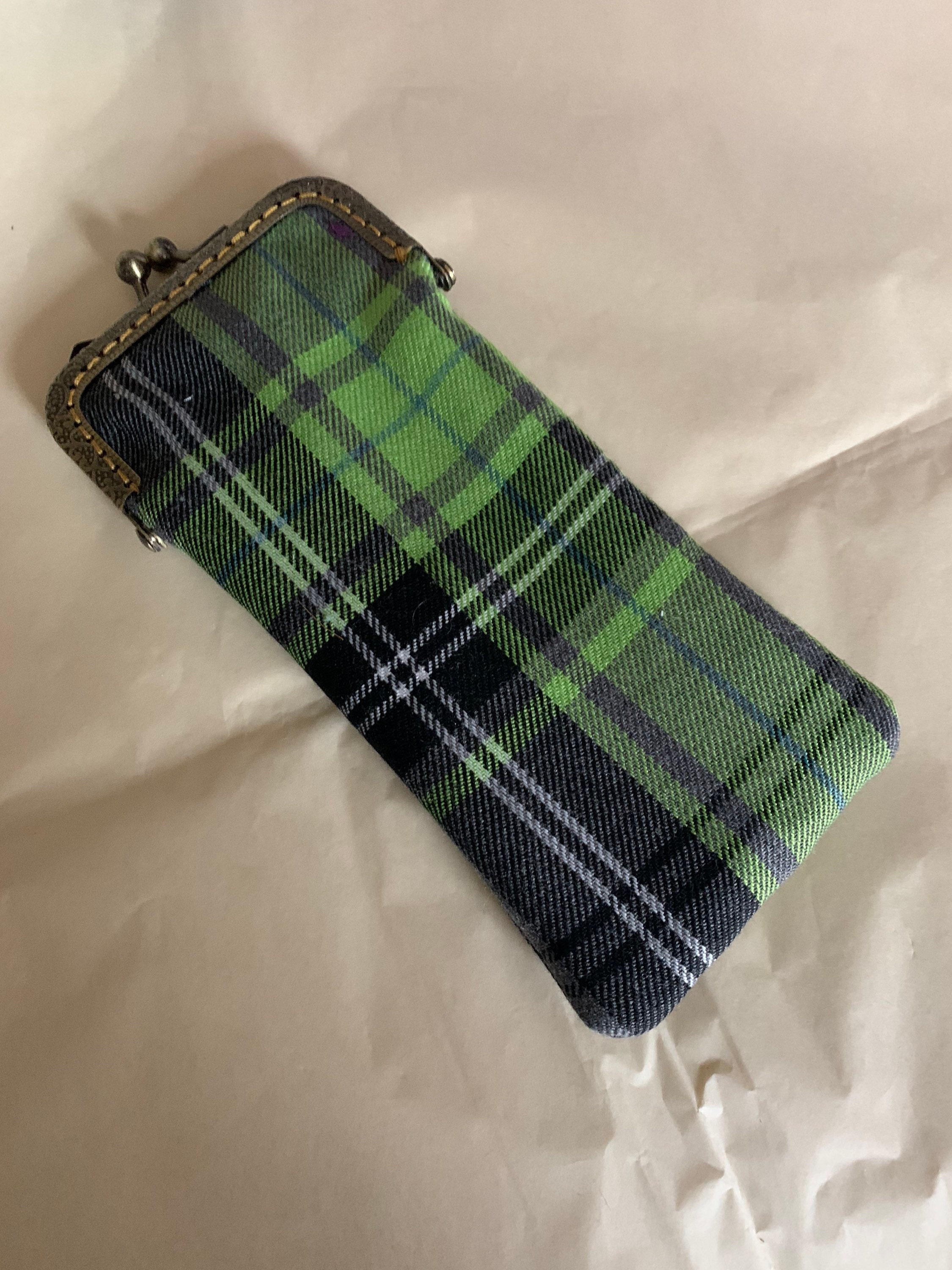 Beautiful Victorian Inspired Kiss Clasp Spectacle Case in a Vibrant Green Tartan Fabric