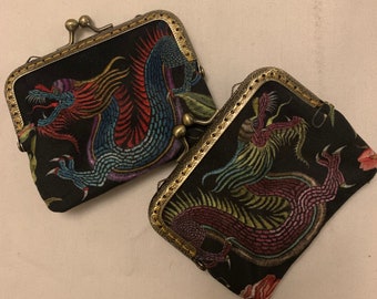 Beautiful Victorian Inspired Kiss Clasp card/cash Purse in a Dragon printed Velvet