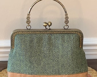 Victorian Inspired Kiss Clasp Bag: Green Wool Herringbone with Chain
