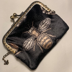 Beautiful Victorian Inspired Kiss Clasp Cash/Card purse in a Beautiful Black Bee and Crown Printed Velvet.