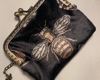 Beautiful Victorian Inspired Kiss Clasp Cash/Card purse in a Beautiful Black Bee and Crown Printed Velvet.