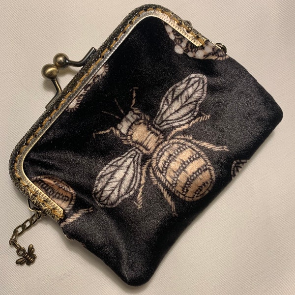 Beautiful Victorian Inspired Kiss Clasp Cash/Card purse in a Beautiful Black Bee and Crown Printed Velvet.