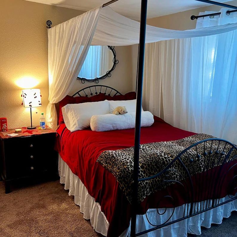 May include: A red canopy bed with a white canopy and a leopard print throw blanket. The bed has a white ruffled bed skirt and a white pillow with a stuffed animal on top.