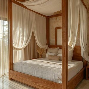 May include: A wooden four-poster bed with a white canopy and a white bedspread. The bed is in a room with a light brown tiled floor.