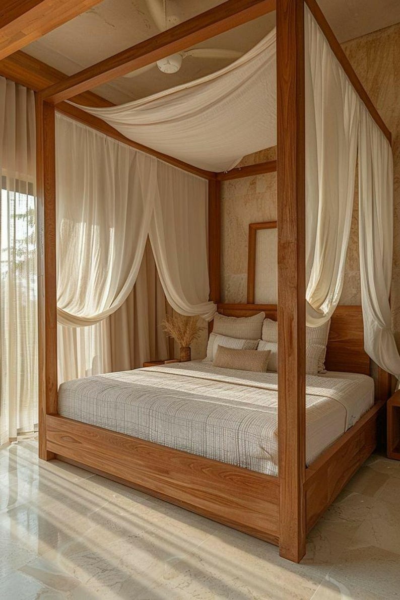 May include: A wooden four-poster bed with a white canopy and a white bedspread. The bed is in a room with a light brown tiled floor.