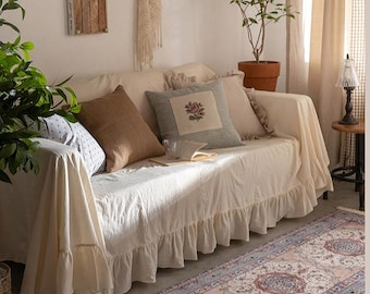 Fundas de sofá de lino natural con volantes - Fundas a medida para cualquier sofá - Funda de sofá extragrande de lino para decoración de sala de estar