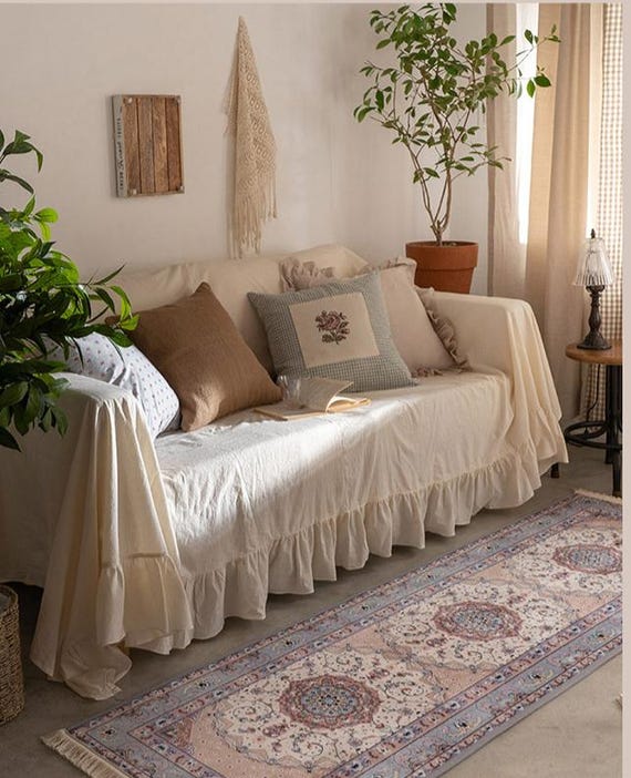Ruffled Natural Linen Couch Covers - Custom Slipcovers for Any Sofa Throw - Extra Large Linen Couch Cover Living Room Decor