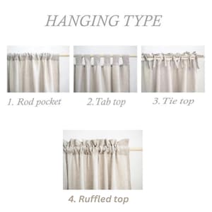 May include: Diagram showing four different curtain hanging types: rod pocket, tab top, tie top, and ruffled top.