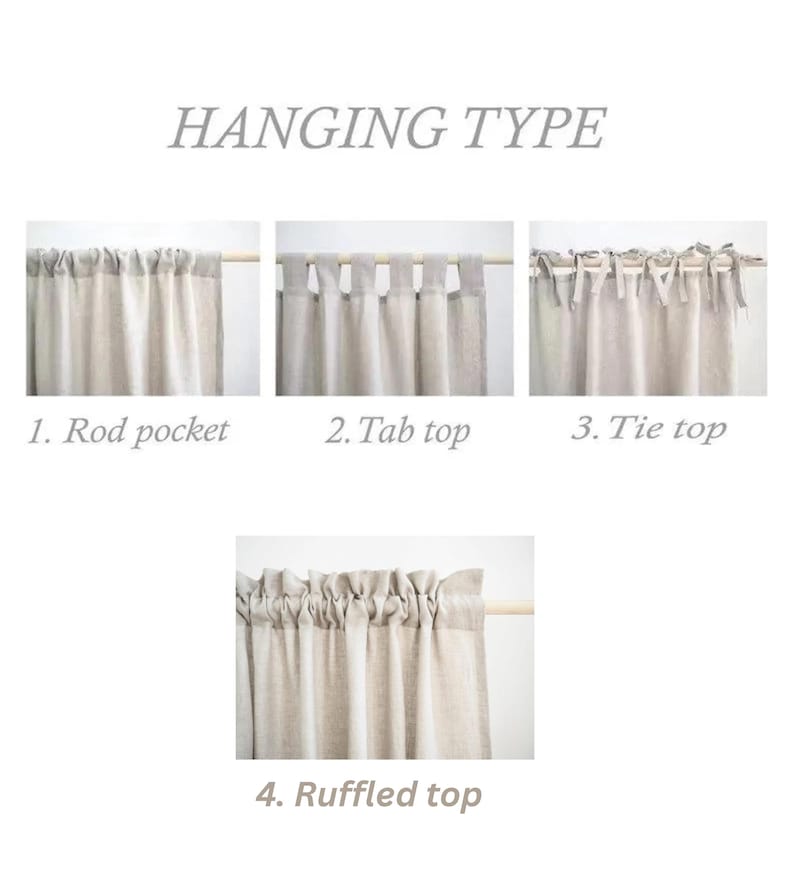 May include: Diagram showing four different curtain hanging types: rod pocket, tab top, tie top, and ruffled top.