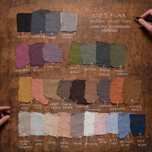 May include: A collection of 100% flax linen fabric swatches in various colors, including black, charcoal, grey, raspberry, plum, logwood, moss green, cactus, mystic forest, forest green, muted gold, dusty clay, light brown, earth brown, chocolate, cinnamon, shadow, terracotta, ginger brown, natural flax (undyed), light grey, sand, dried rose, taupe, off-white, dewy rose, dusty sky, blossom blue, and navy blue. The text "100% FLAX medium weight linen OEKO-TEX 100 STANDARD CERTIFIED" is written at the top of the image.