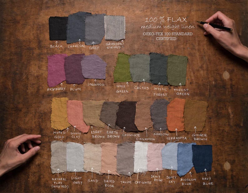 May include: A collection of 100% flax linen fabric swatches in various colors, including black, charcoal, grey, raspberry, plum, logwood, moss green, cactus, mystic forest, forest green, muted gold, dusty clay, light brown, earth brown, chocolate, cinnamon, shadow, terracotta, ginger brown, natural flax (undyed), light grey, sand, dried rose, taupe, off-white, dewy rose, dusty sky, blossom blue, and navy blue. The text "100% FLAX medium weight linen OEKO-TEX 100 STANDARD CERTIFIED" is written at the top of the image.