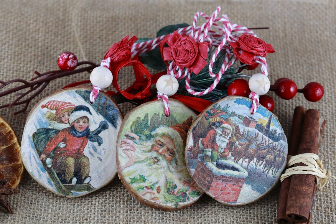 Decorative hanging wood slice ornament decoupaged wood slice Etsy