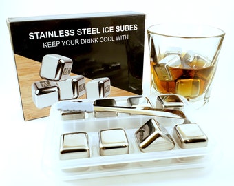 Stainless Steel Pack of 8 Reusable Ice Cubes Chilling Stones with Tongs & Freezer Storage Tray