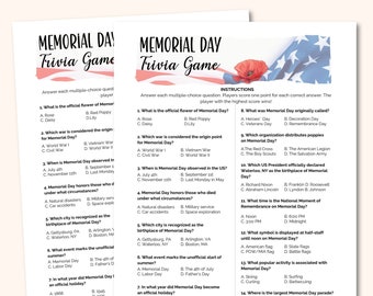 Trivia-spel Memorial Day, patriottische activiteit (afdrukbare pdf)