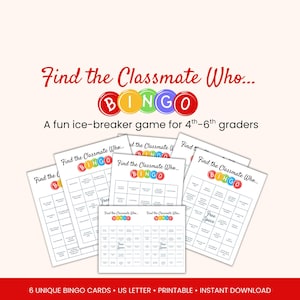 Find the classmate printable bingo game, Back to school Getting to Know You game for middle-schoolers, Ice-breaker game for school or church