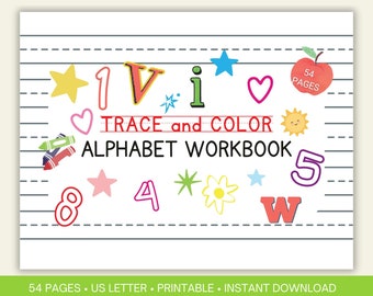 May include: A colorful alphabet workbook with 54 pages. The cover features a red apple with the text "54 PAGES", a sun, stars, hearts, and crayons. The title "TRACE and COLOR ALPHABET WORKBOOK" is in black text.