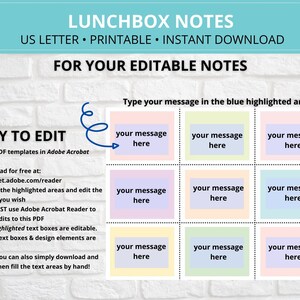 Kid's Lunchbox Notes printable, Pre-filled and editable, School Lunch Notes