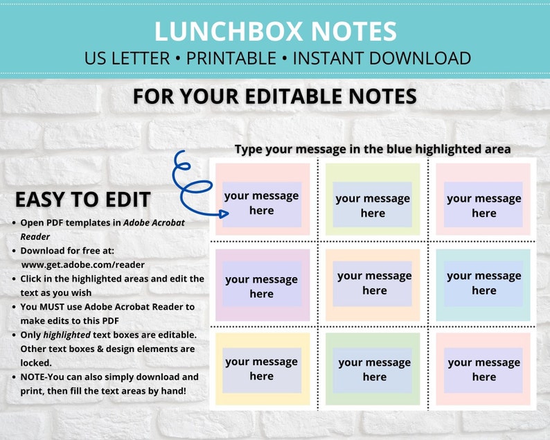 Kid's Lunchbox Notes printable, Pre-filled and editable, School Lunch Notes