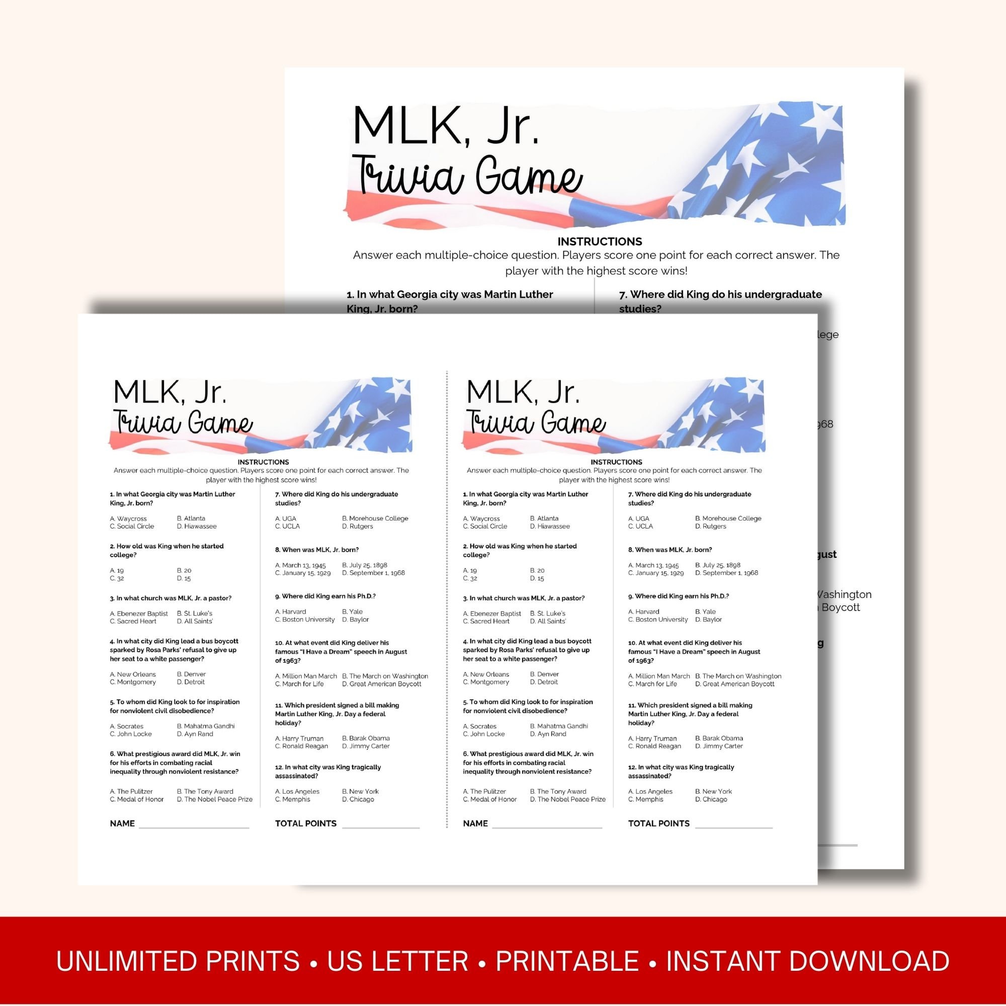 MLK Day Printable Trivia Game, Black History Month, Martin Luther King ...