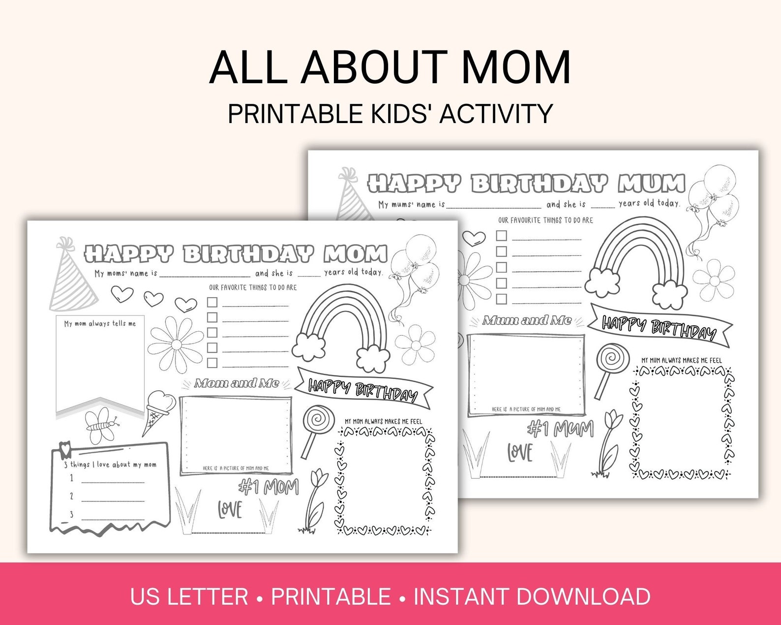 Mom Birthday Card, Kids Activities Sheet, Coloring Page, Party Favor ...