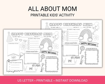 Hoja de actividades con datos sobre el cumpleaños de mamá, página para colorear para niños (descarga digital)
