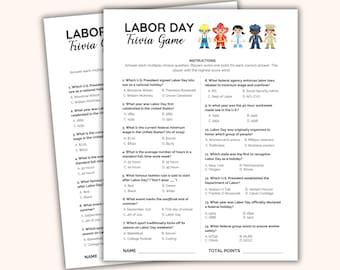 Labor Day trivia game printable, US history quiz, office PDF