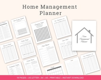 May include: A collection of printable home management planner pages. The pages include sections for budgeting, chores, and emergency funds. The title "Home Management Planner" is displayed at the top. The pages are in US Letter, A4, and A5 sizes.