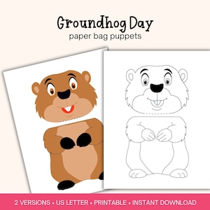 Groundhog Day paper bag puppet, Printable activity for kindergarten, Coloring activity for classroom or church, DIY Groundhog Paper Puppet