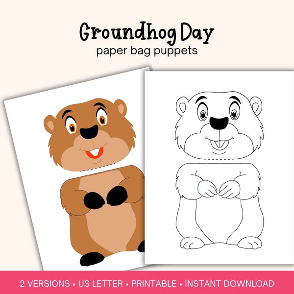 Groundhog Day paper bag puppet, Printable activity for kindergarten, Coloring activity for classroom or church, DIY Groundhog Paper Puppet