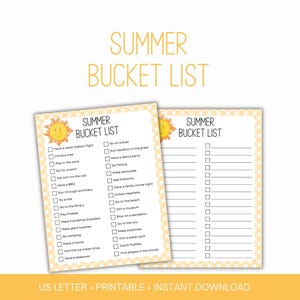 May include: Two printable Summer Bucket List sheets with a yellow gingham border and a smiling sun graphic. One sheet features a pre-filled checklist of activities, while the other provides blank lines for custom entries. Both pages include the text Summer Bucket List.