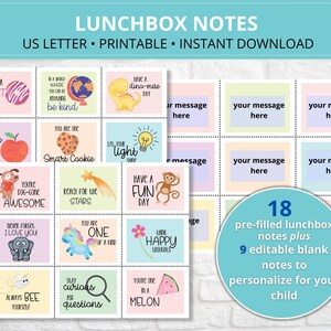 Kid's Lunchbox Notes printable, Pre-filled and editable, School Lunch Notes