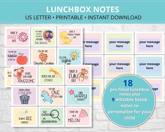 Kid's Lunchbox Notes printable, Pre-filled and editable, School Lunch Notes