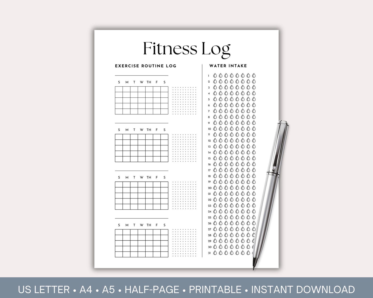 Positive Exercise Log Fitness Tracker, Minimalist Design, Printable, Workout and Hydration ...