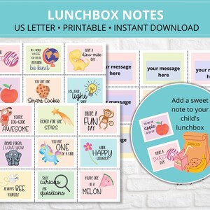Kid's Lunchbox Notes printable, Pre-filled and editable, School Lunch Notes