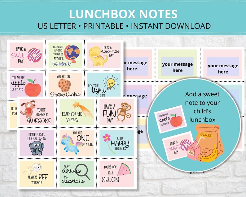 Kid's Lunchbox Notes printable, Pre-filled and editable, School Lunch Notes
