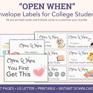 Open When printable envelope labels for college students, Envelope Labels for Open When notes, 1st year of college, Gifts for him or her