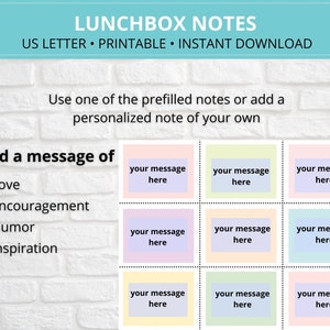 Kid's Lunchbox Notes printable, Pre-filled and editable, School Lunch Notes