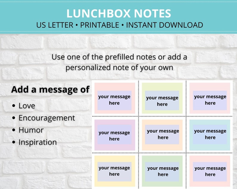 Kid's Lunchbox Notes printable, Pre-filled and editable, School Lunch Notes