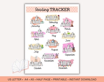Printable Reading Tracker, Book Challenge, US Letter, A4, A5 (Digital Download)
