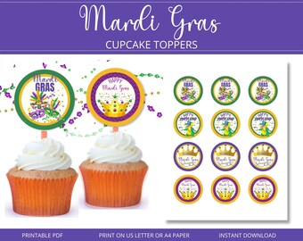 Könnte beinhalten: Mardi Gras Cupcake-Topper mit farbenfrohen Designs. Die Topper zeigen Text und Grafiken, darunter Masken, Kronen und die Wörter "Mardi Gras" und "Happy Mardi Gras". Das Bild zeigt auch Cupcakes mit weißem Zuckerguss.