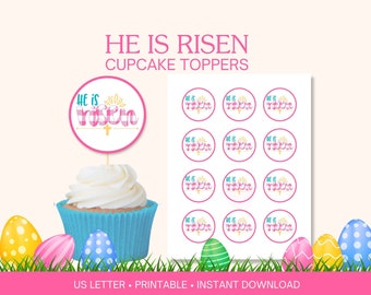 Ha resucitado toppers de cupcakes de Pascua, toppers de cupcakes religiosos de Pascua, Celebrando la Resurrección de Cristo, favores religiosos de la fiesta de Pascua