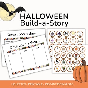 May include: A Halloween-themed Build-a-Story printable set. Includes story templates, and circular illustrations of Halloween icons. A cartoon bat flies in front of a full moon. An orange pumpkin is in the lower right corner.
