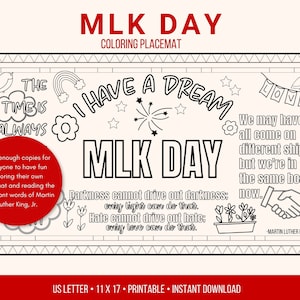 MLK Day printable coloring placemat, MLK coloring page, Classroom activity, Homeschool Activity for Martin Luther King, Jr Day