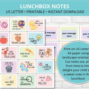 Kid's Lunchbox Notes printable, Pre-filled and editable, School Lunch Notes
