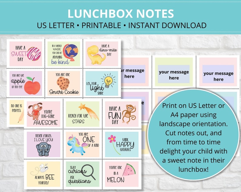 Kid's Lunchbox Notes printable, Pre-filled and editable, School Lunch Notes