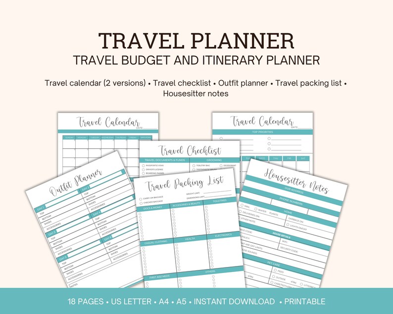 Travel Planner Printable Bundle, Trip Itinerary Planner, Vacation