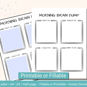 Könnte beinhalten: Druckbarer Morgen-Brain-Dump-Planer mit Abschnitten für "Muss tun", "Sollte tun", "Könnte tun" und "Möchte tun".