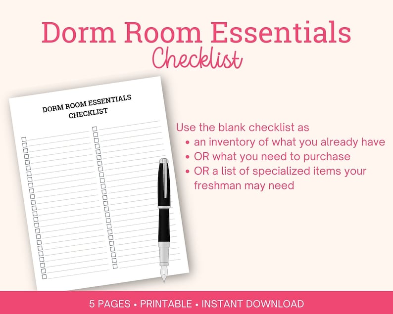 Dorm Room Essentials Checklist Printable, College Packing List, Back to ...