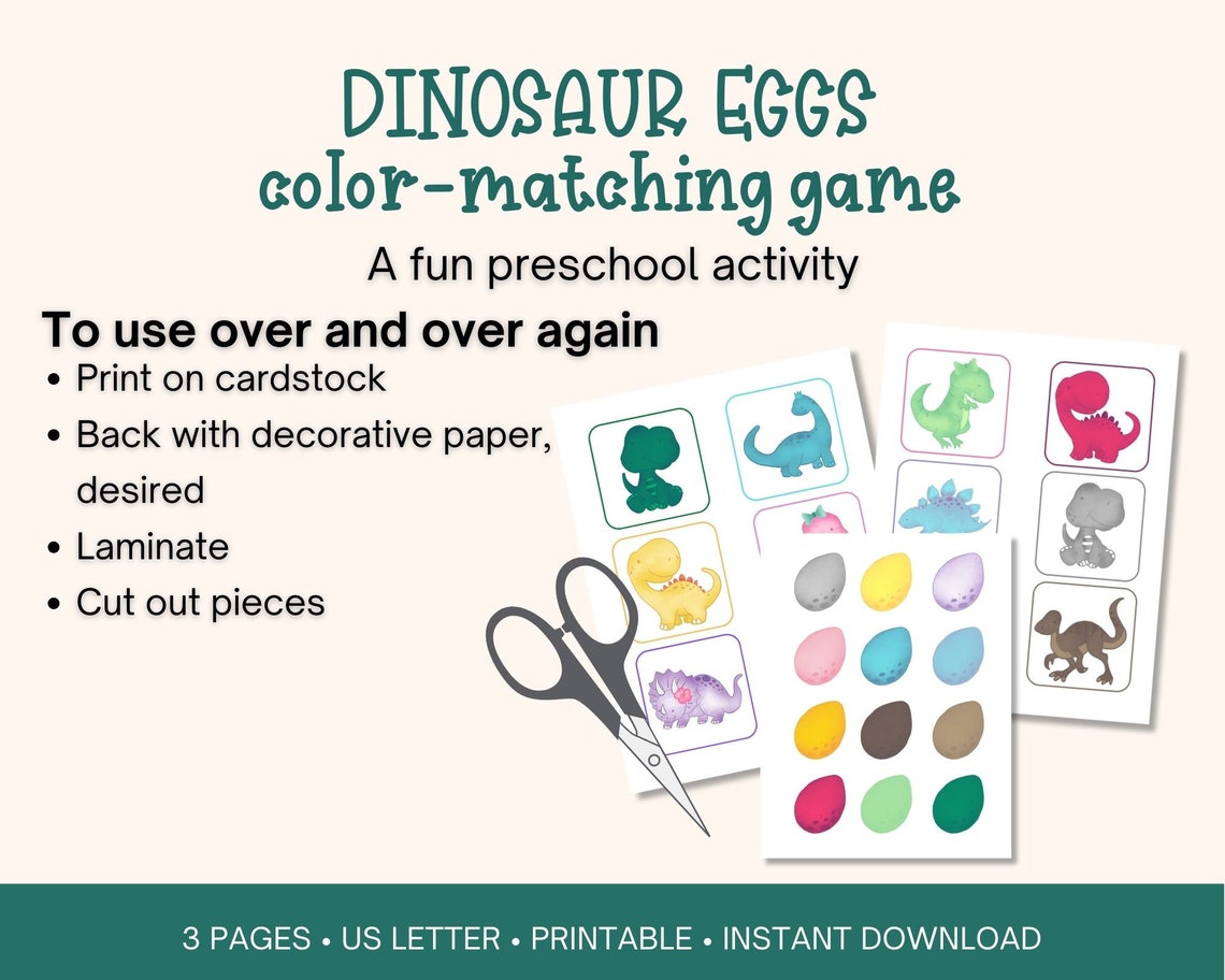 Dinosaur Eggs Color Matching Game, Printable Preschool Activity (PDF ...