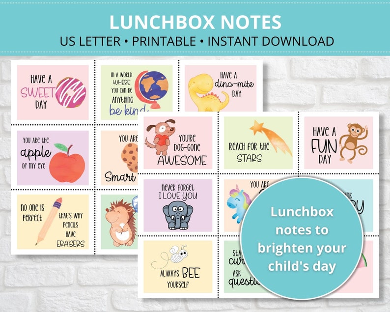 Kid's Lunchbox Notes printable, Pre-filled and editable, School Lunch Notes